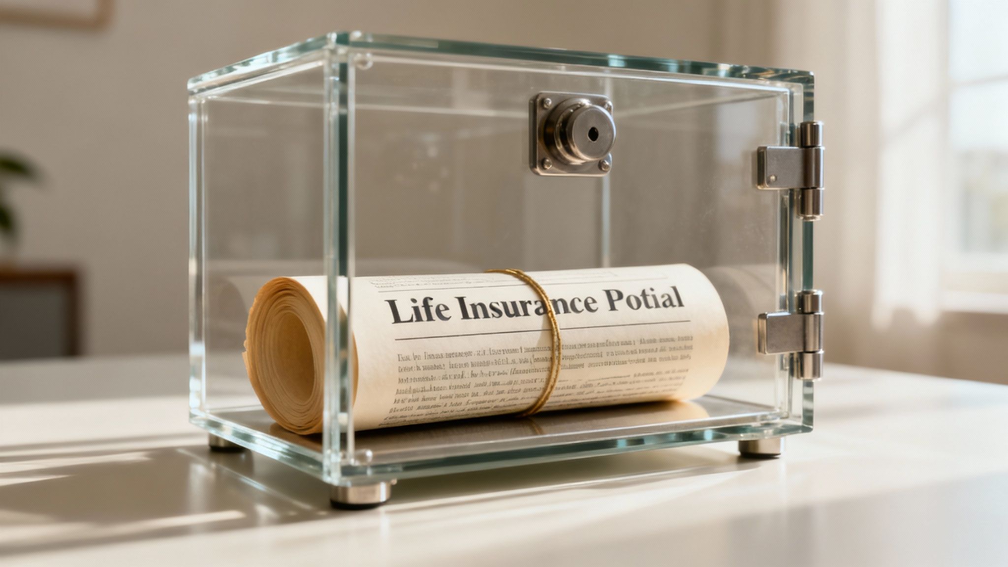 Glass vault containing rolled document labeled "Life Insurance Potial," symbolizing life insurance trust for estate planning.