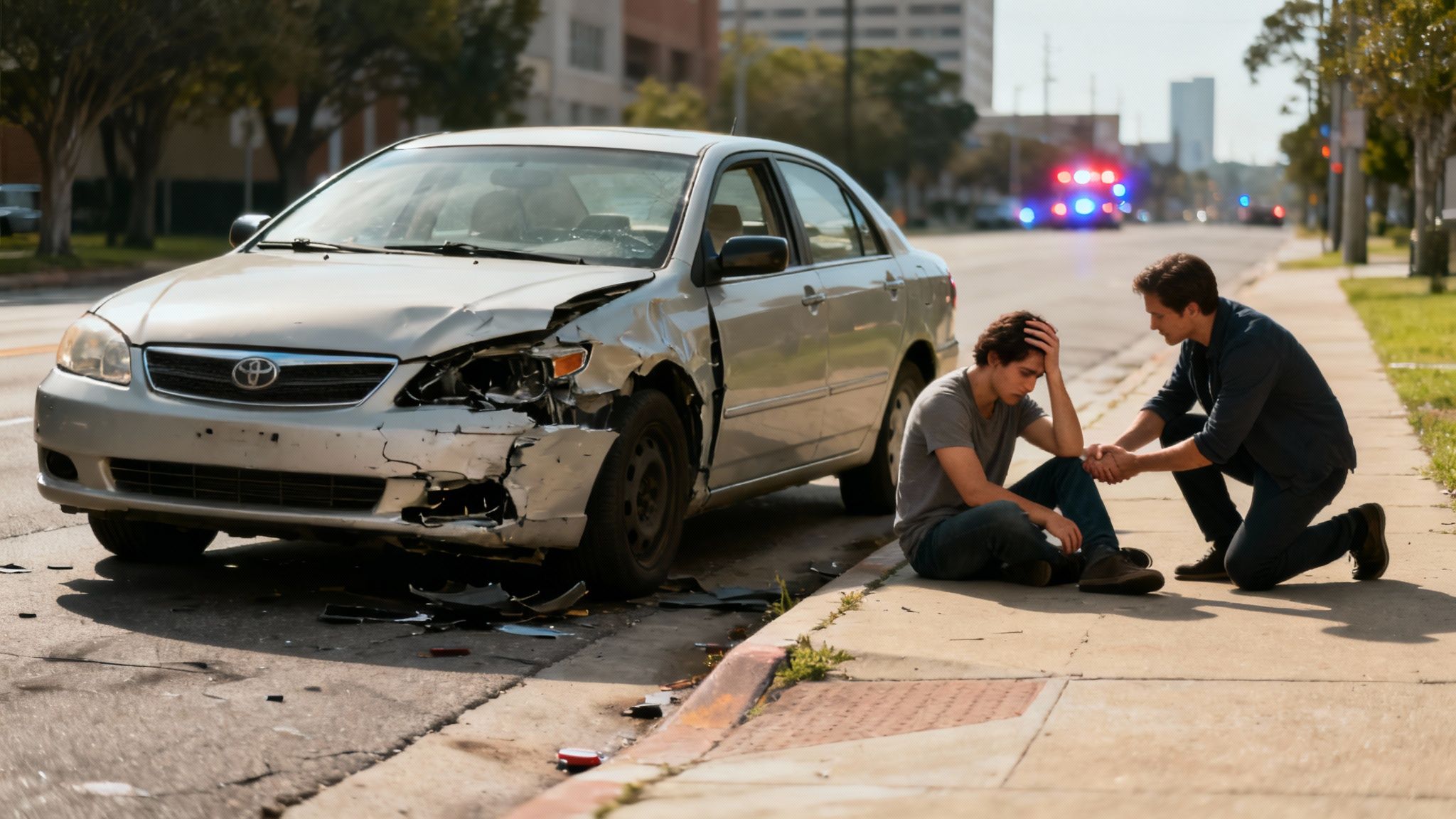 A car driving on a rain-slicked road at night, representing the uncertainty after an accident.