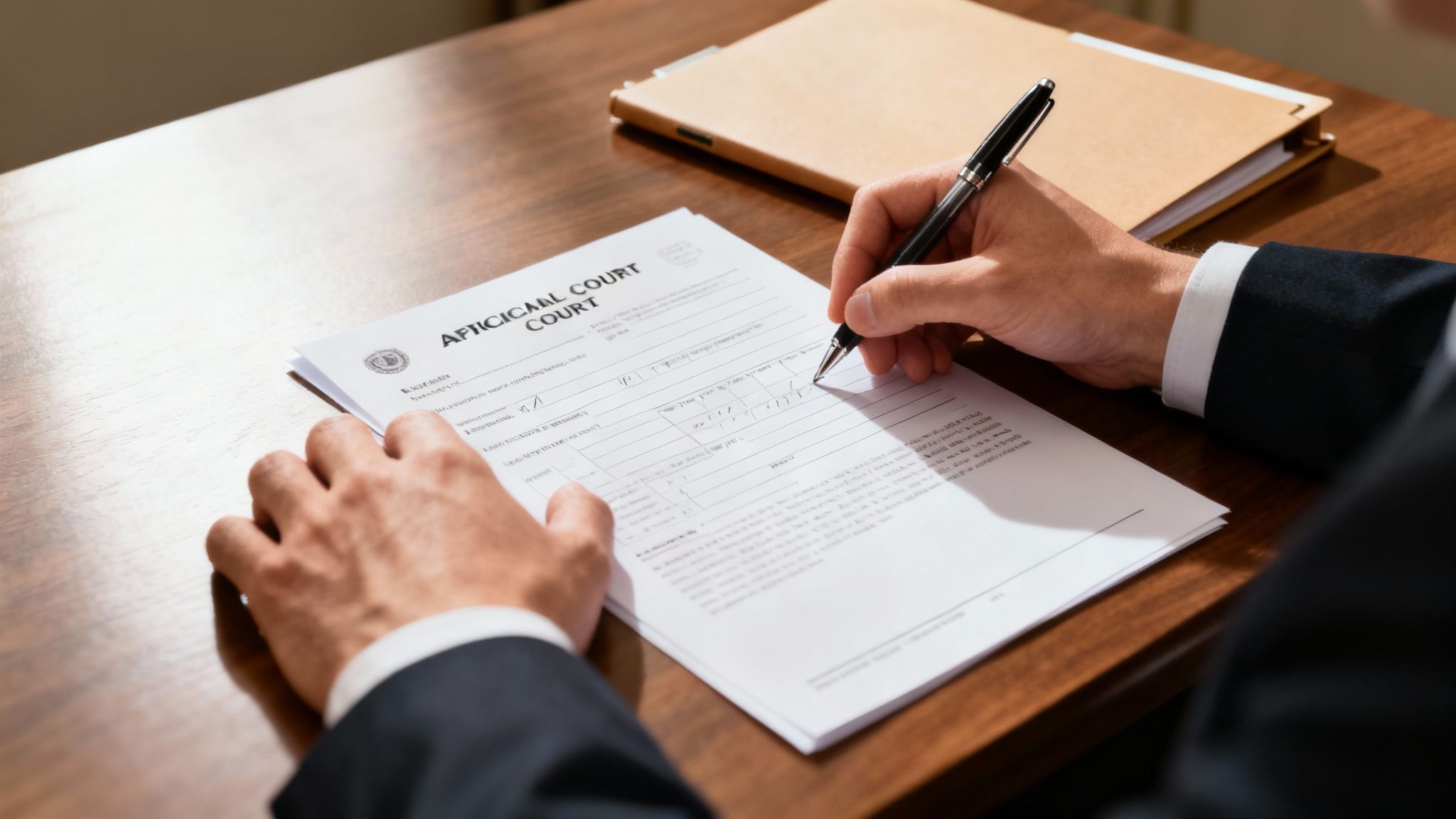 Person filling out an appellate court form on a wooden desk, emphasizing legal processes in Texas custody appeals.