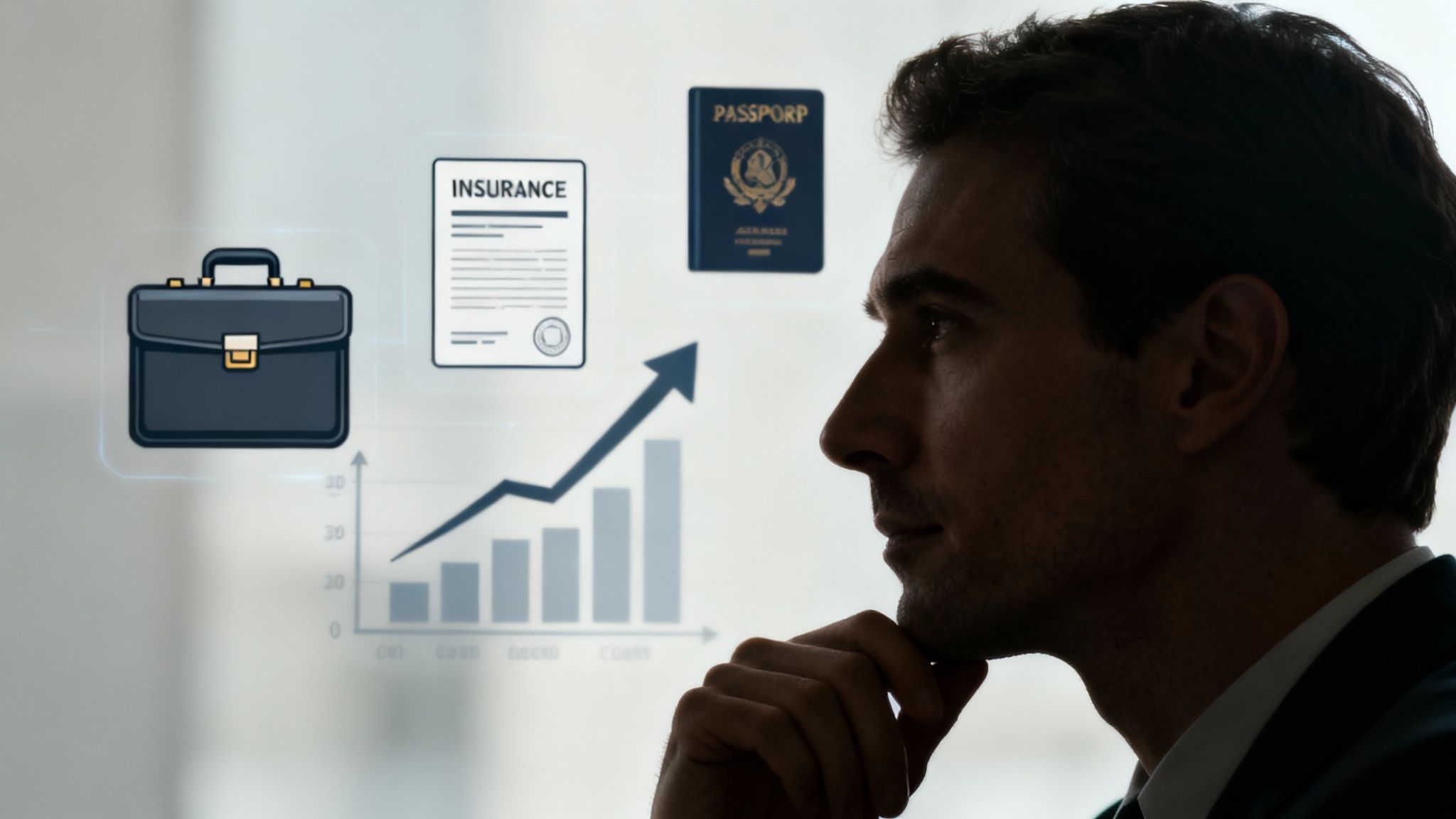 Silhouette of a man looking thoughtfully at holographic icons representing business, insurance, travel, and financial growth.