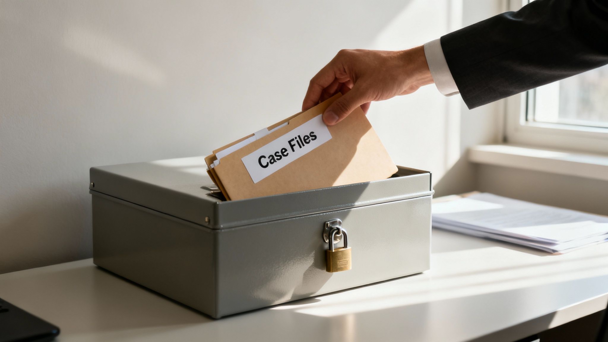 A hand in a suit jacket places a 'Case Files' folder into a locked grey box on a desk.