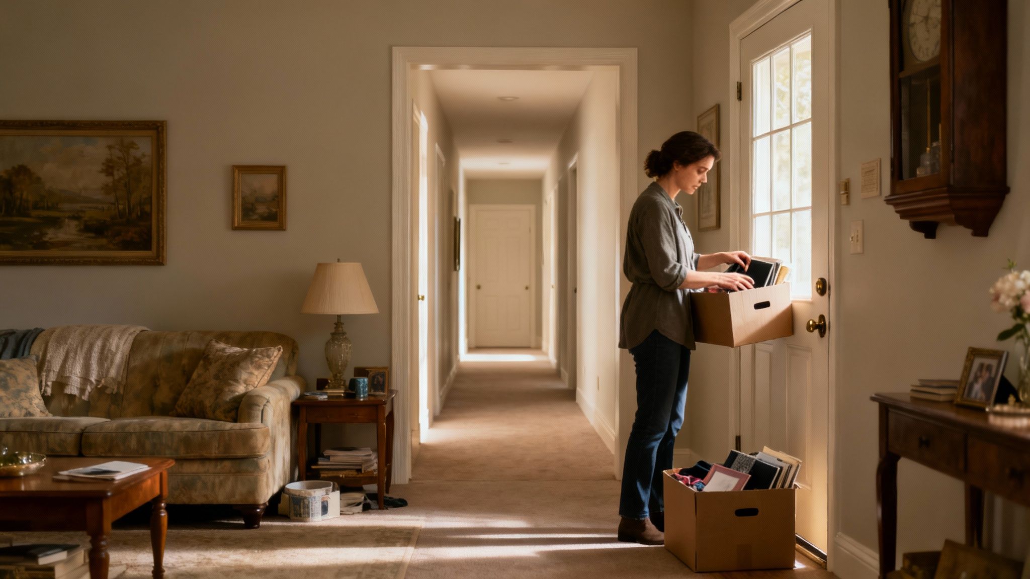 Woman standing in a doorway holding a cardboard box filled with personal items, surrounded by a cozy home interior, symbolizing the emotional impact of domestic situations and transitions related to domestic assault cases in Texas.