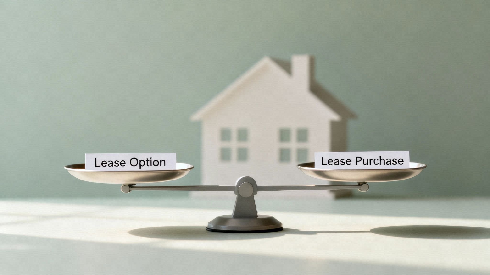 Lease option and lease purchase terms displayed on a balance scale, with a house silhouette in the background, illustrating the comparison between these two real estate agreements in Texas.