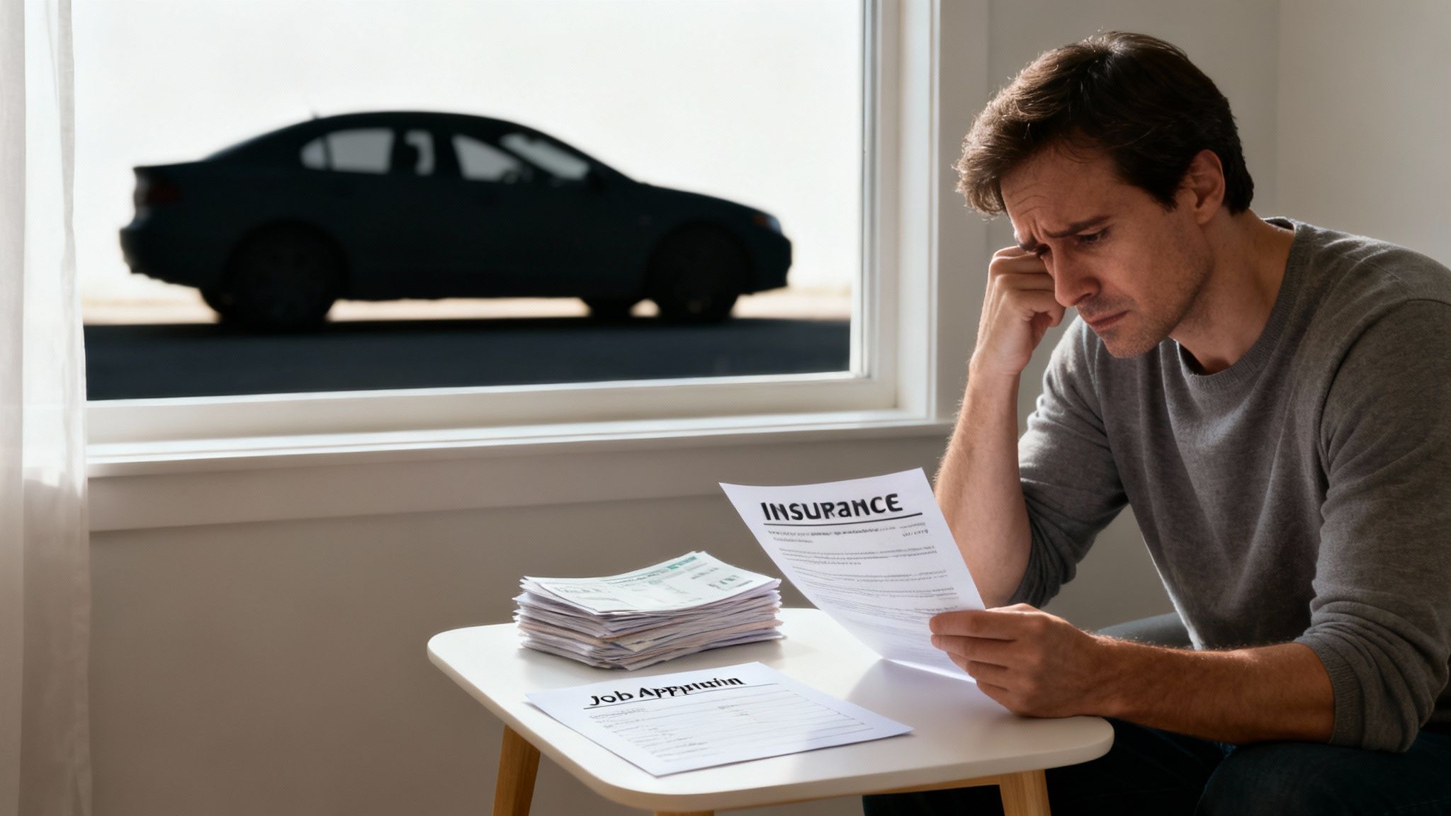 A stressed man reviews car insurance documents and job application forms at a table.