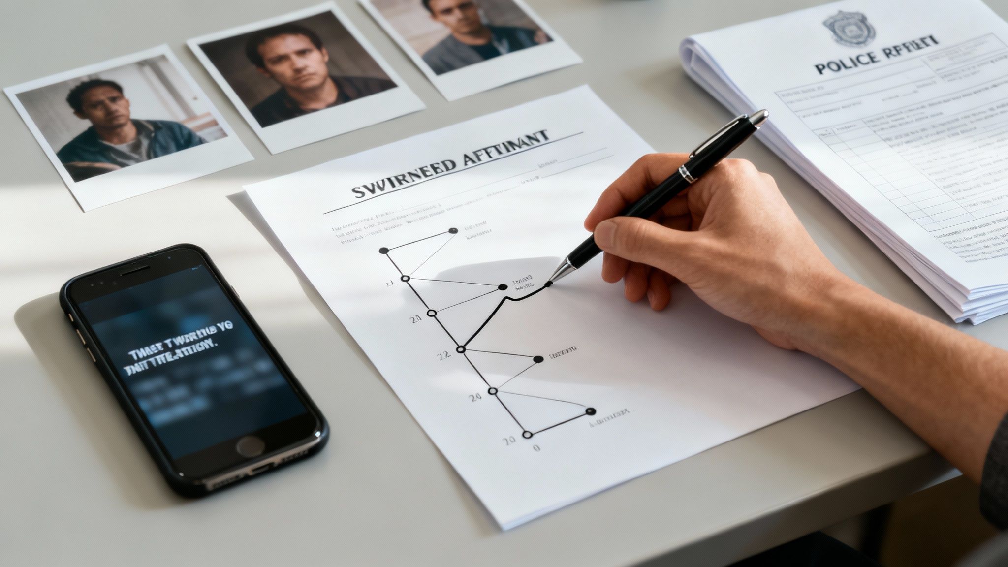 Detective analyzing evidence document with suspect photos and police report on desk
