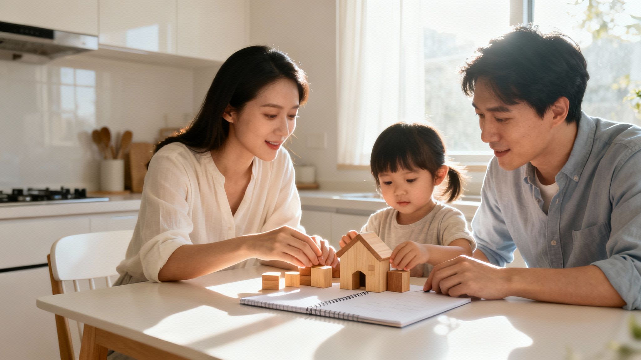 An Asian family builds a wooden house model with blocks on a table, symbolizing home and future plans.