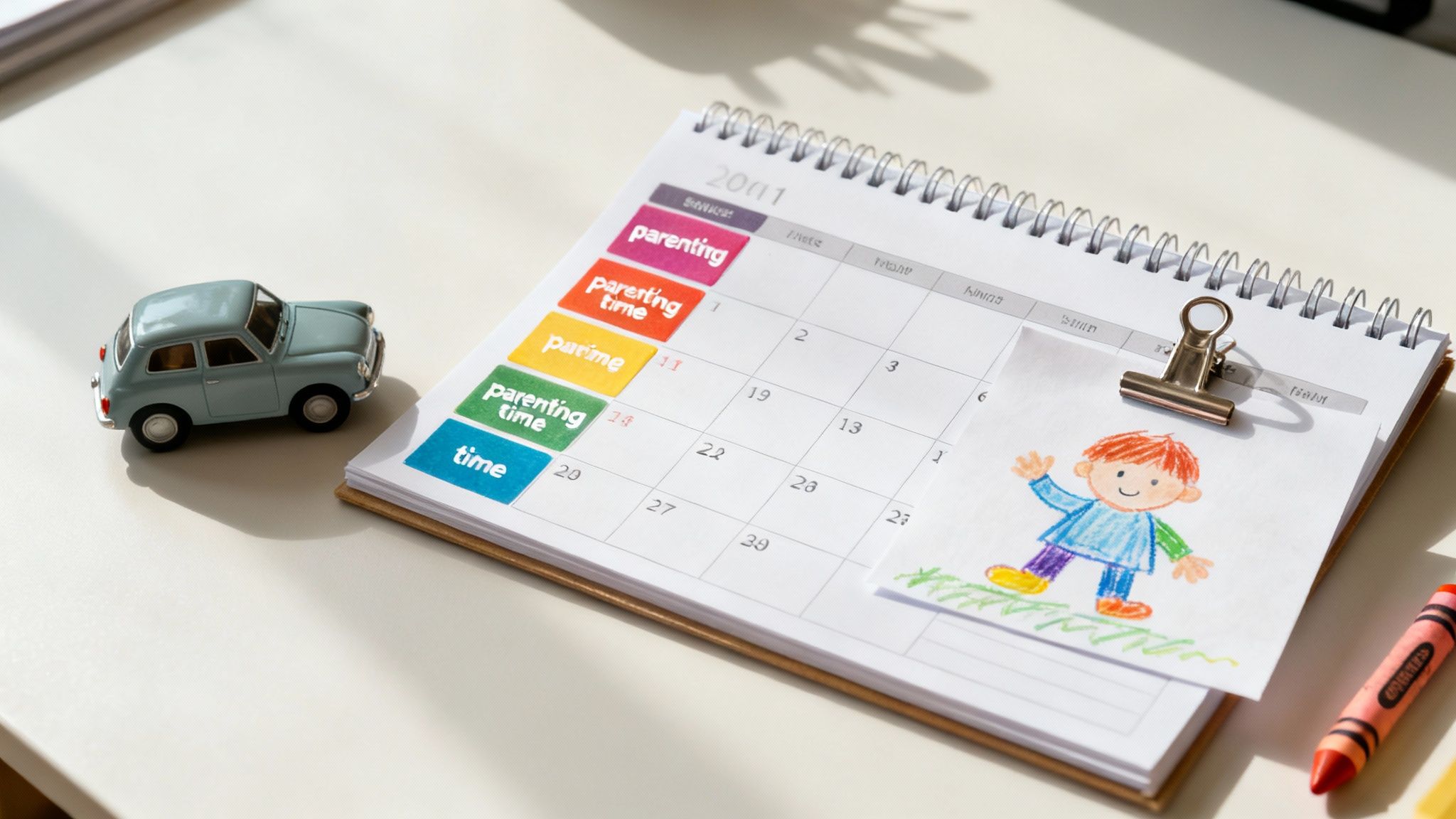 A calendar with markings, illustrating a parenting schedule for unmarried parents in Texas.