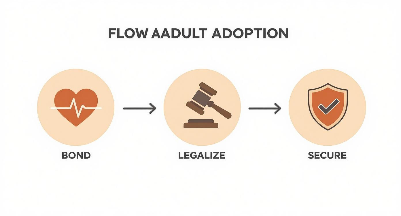 Flowchart illustrating the three steps of adult adoption: Bond, Legalize (gavel), and Secure (shield).