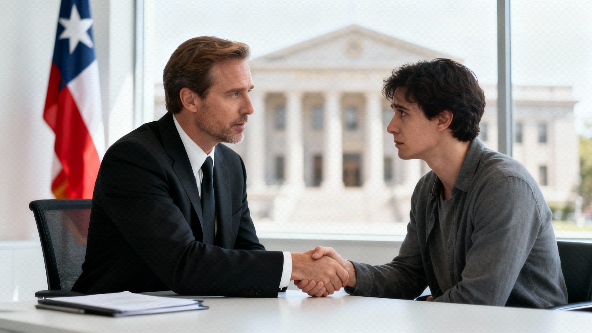 Abogado profesional estrechando la mano de cliente en oficina gubernamental con bandera americana