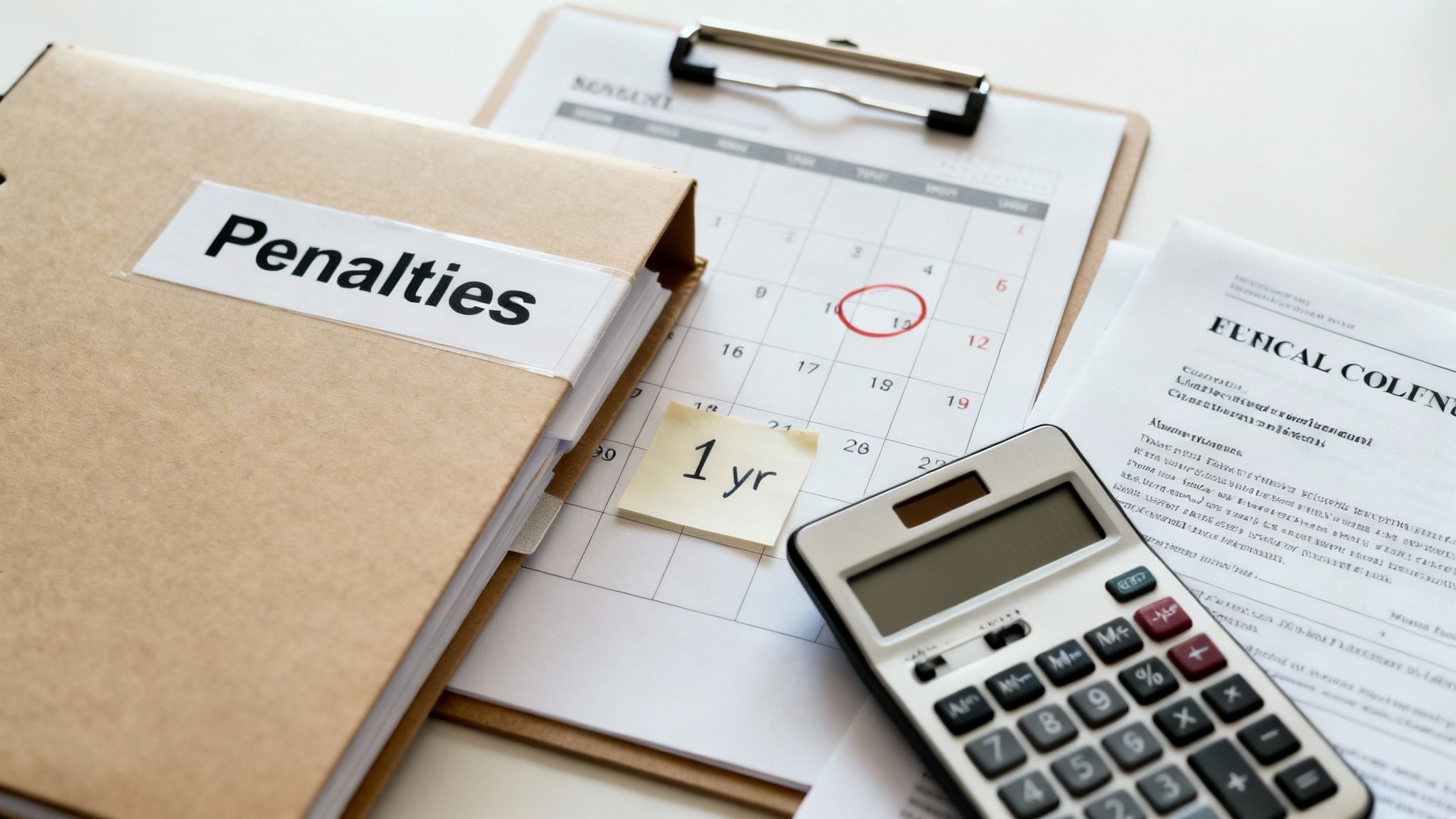 A 'Penalties' folder, calendar with a circled date, sticky note '1 yr', and calculator symbolize financial deadlines.