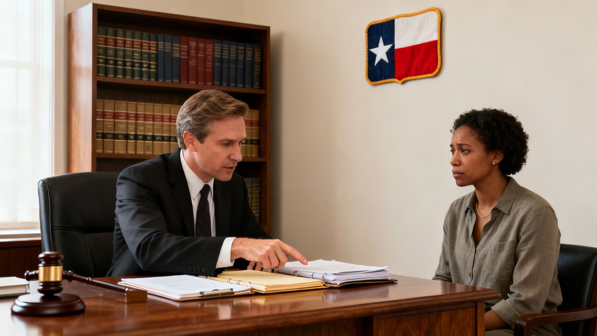 A male lawyer in a suit discusses documents with a concerned female client at a desk.