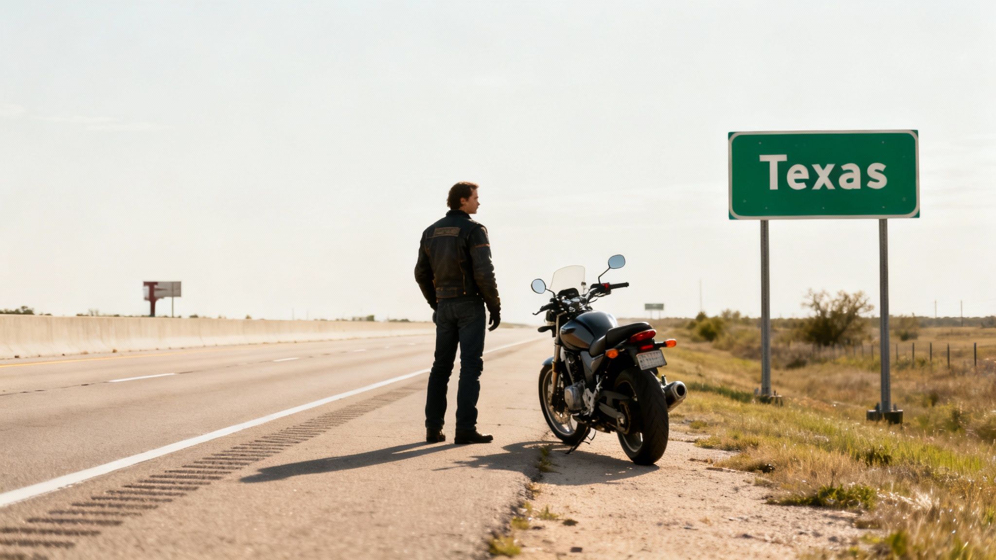 A motorcyclist stands beside his bike on a highway shoulder next to a "Texas" sign.