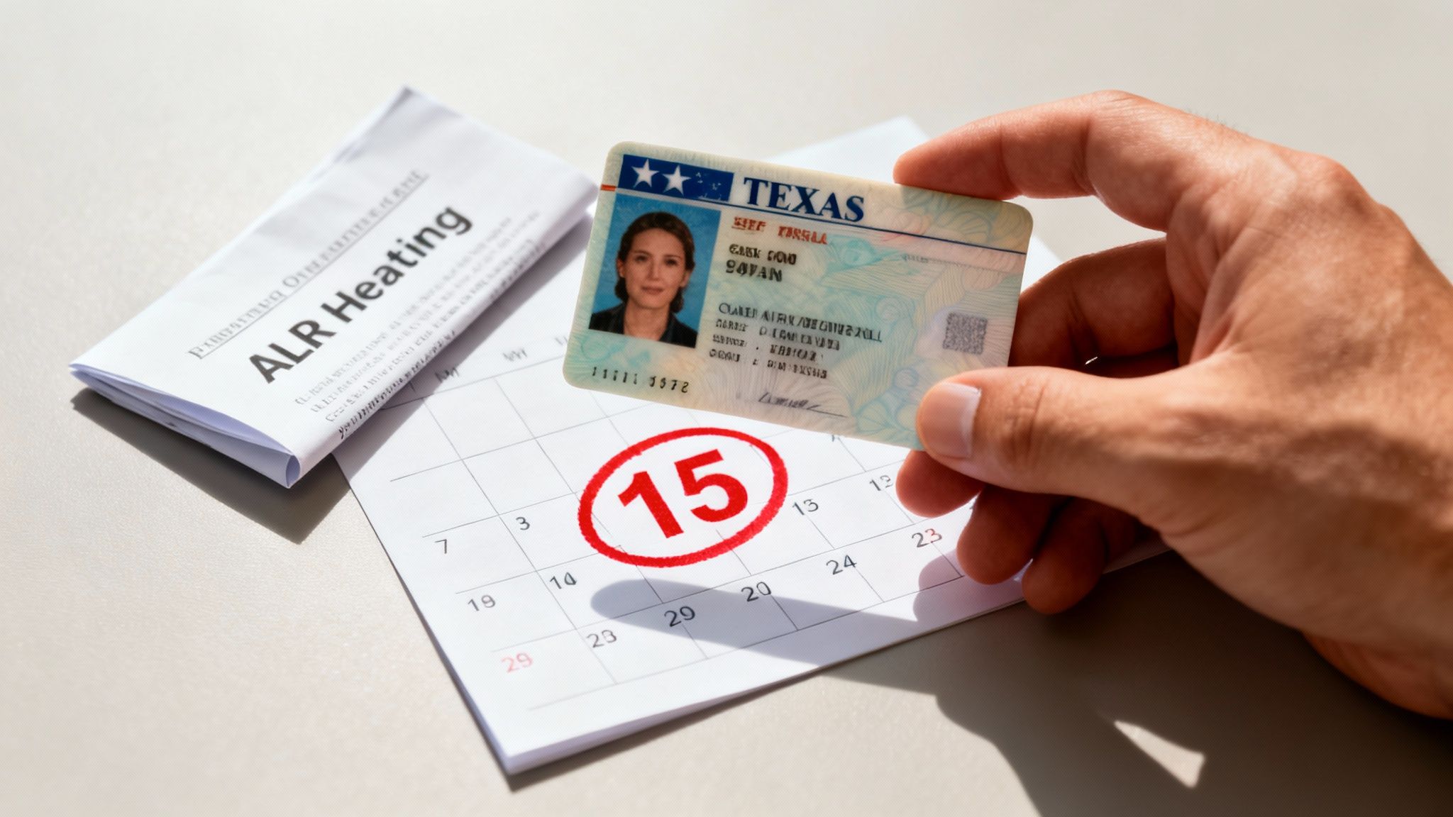 Texas driver's license held above a calendar marked with the critical 15-day deadline for an ALR hearing related to a 3rd DWI offense.