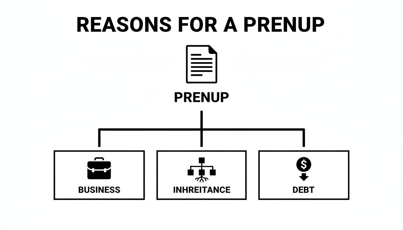A flowchart detailing reasons for a prenuptial agreement, listing business, inheritance, and debt.