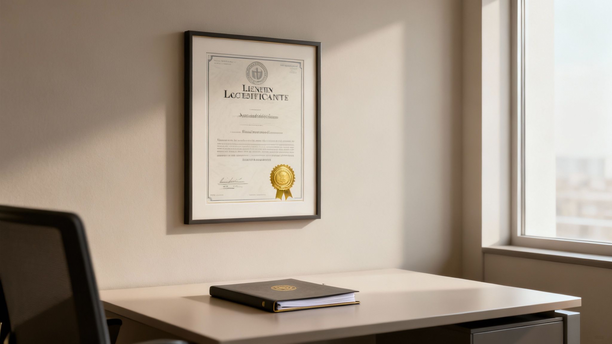A professional office setting with a framed certificate on the wall and a binder on a desk.