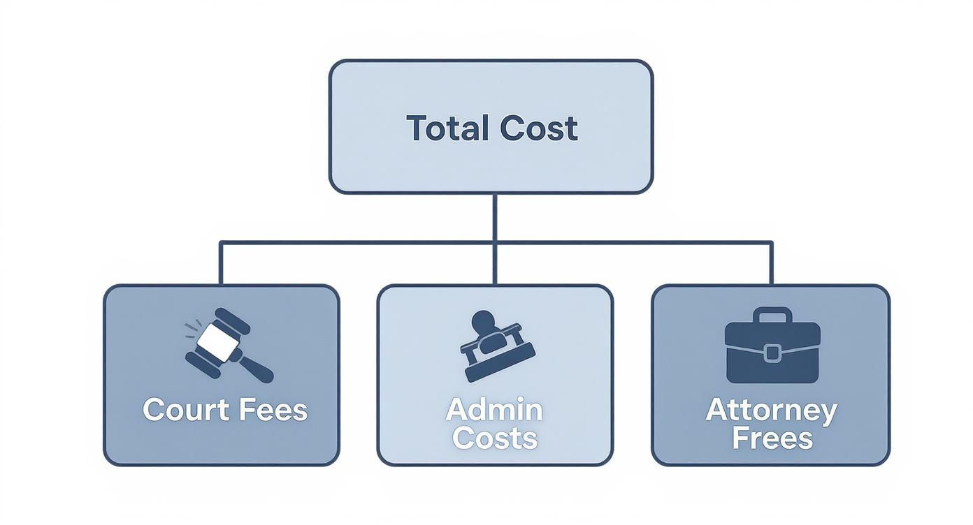 Chart illustrating the breakdown of total expungement costs in Texas, featuring categories: Court Fees, Admin Costs, and Attorney Fees.