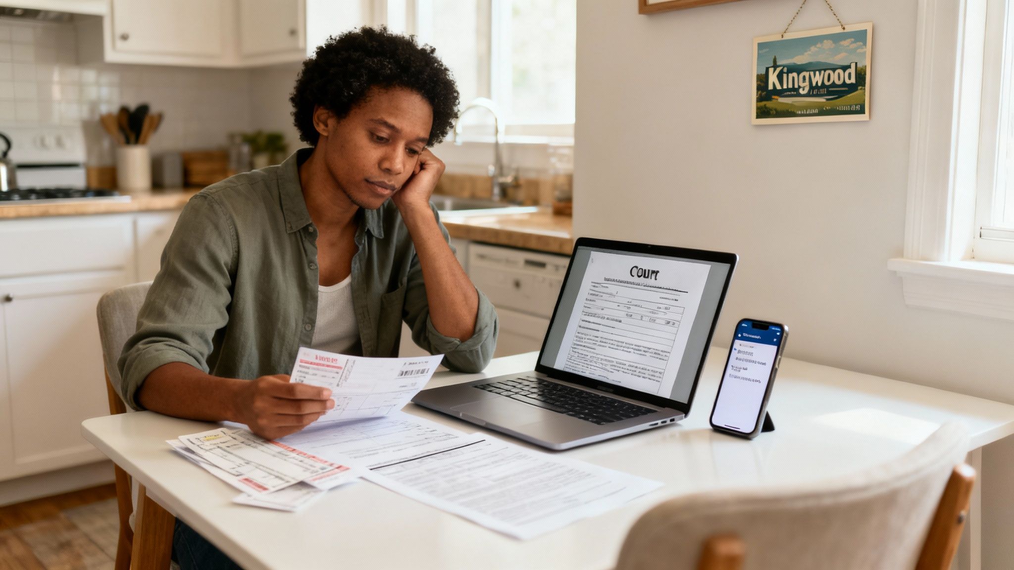 A concerned man reviews court documents on his laptop and holds papers at a kitchen table.