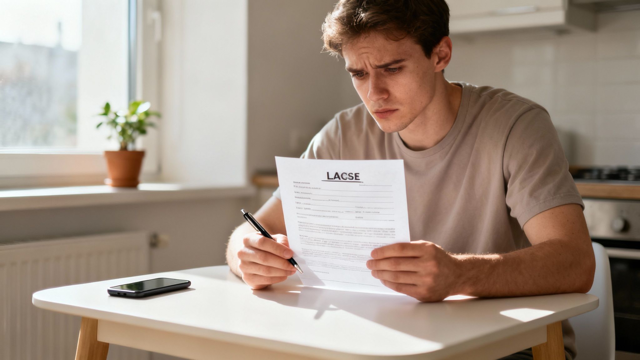 Young man reviewing a lease agreement with a concerned expression, holding a pen, in a bright kitchen setting with a smartphone and potted plant on the table, illustrating tenant rights and landlord disputes in Texas.