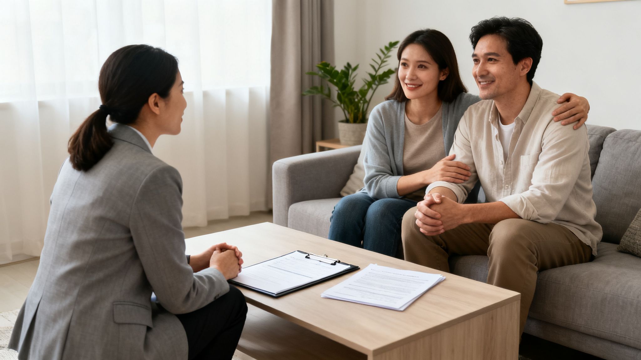 An Asian couple attentively listens to a female professional during a consultation with documents on a table.