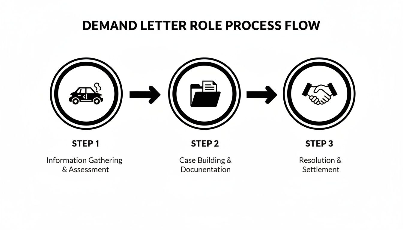A three-step demand letter process flow for auto accidents, showing information gathering, case building, and settlement.