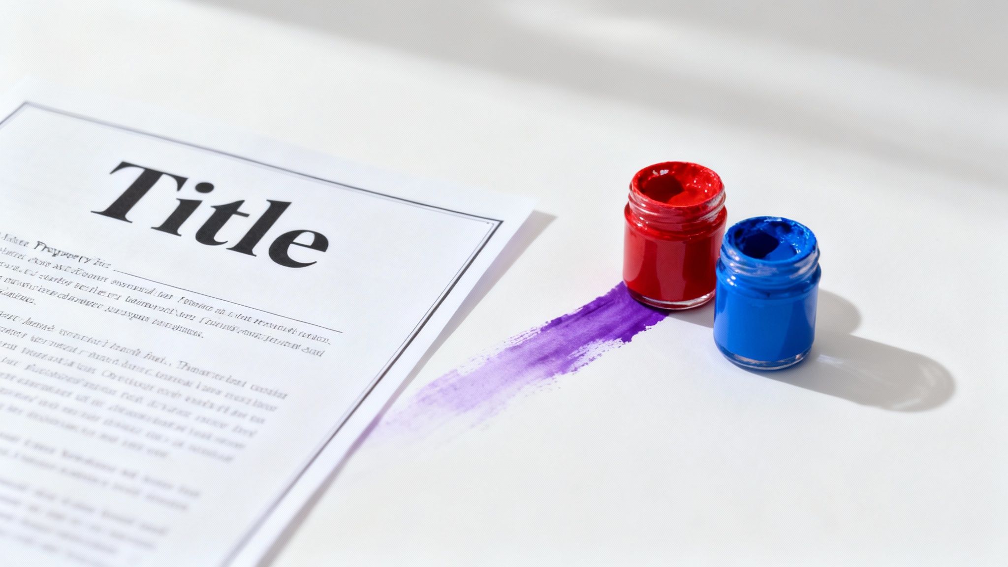 Red and blue paint jars next to a document with a purple streak, illustrating color merging.