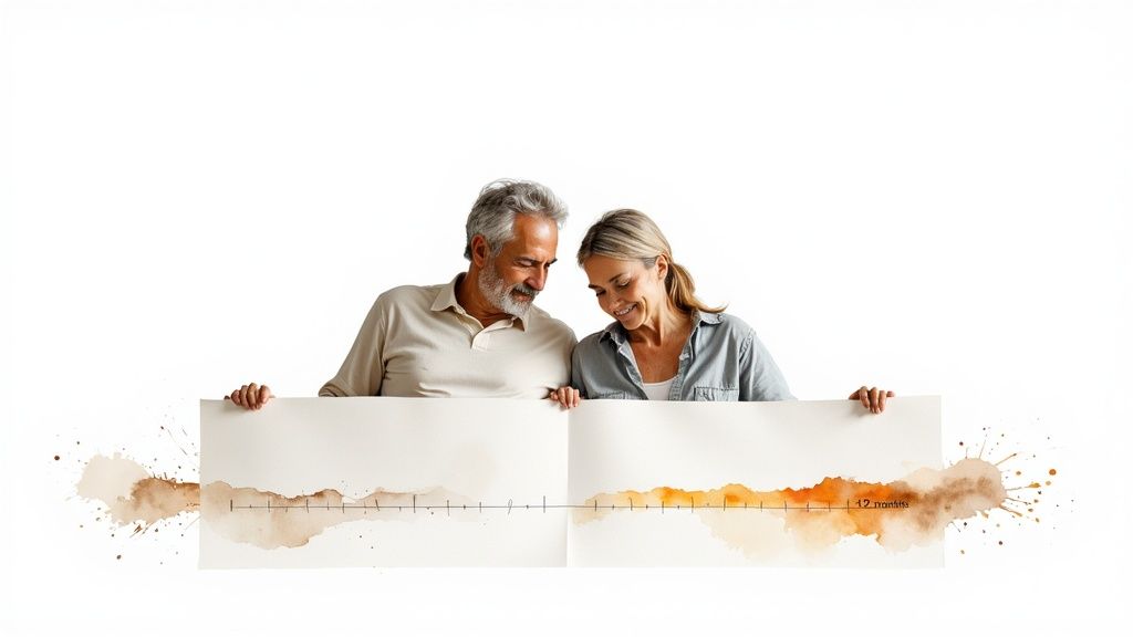 Couple holding a timeline illustration showing the probate process duration in Texas, with a focus on the 6 to 12 months range, symbolizing clarity and support during estate management.