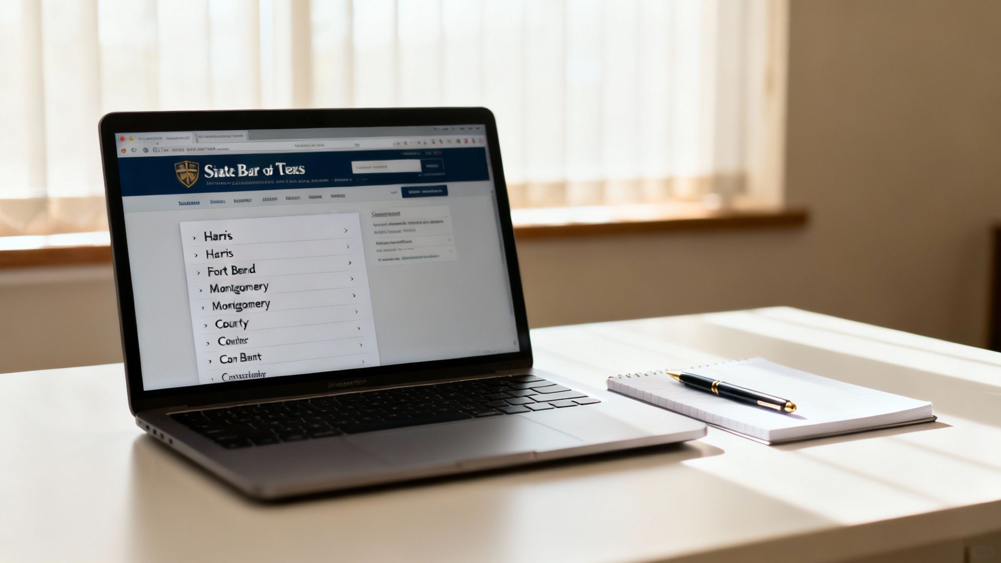 Laptop displaying the State Bar of Texas website, showing attorney listings, with a notepad and pen on a table, emphasizing the importance of verifying attorney credentials for legal representation.