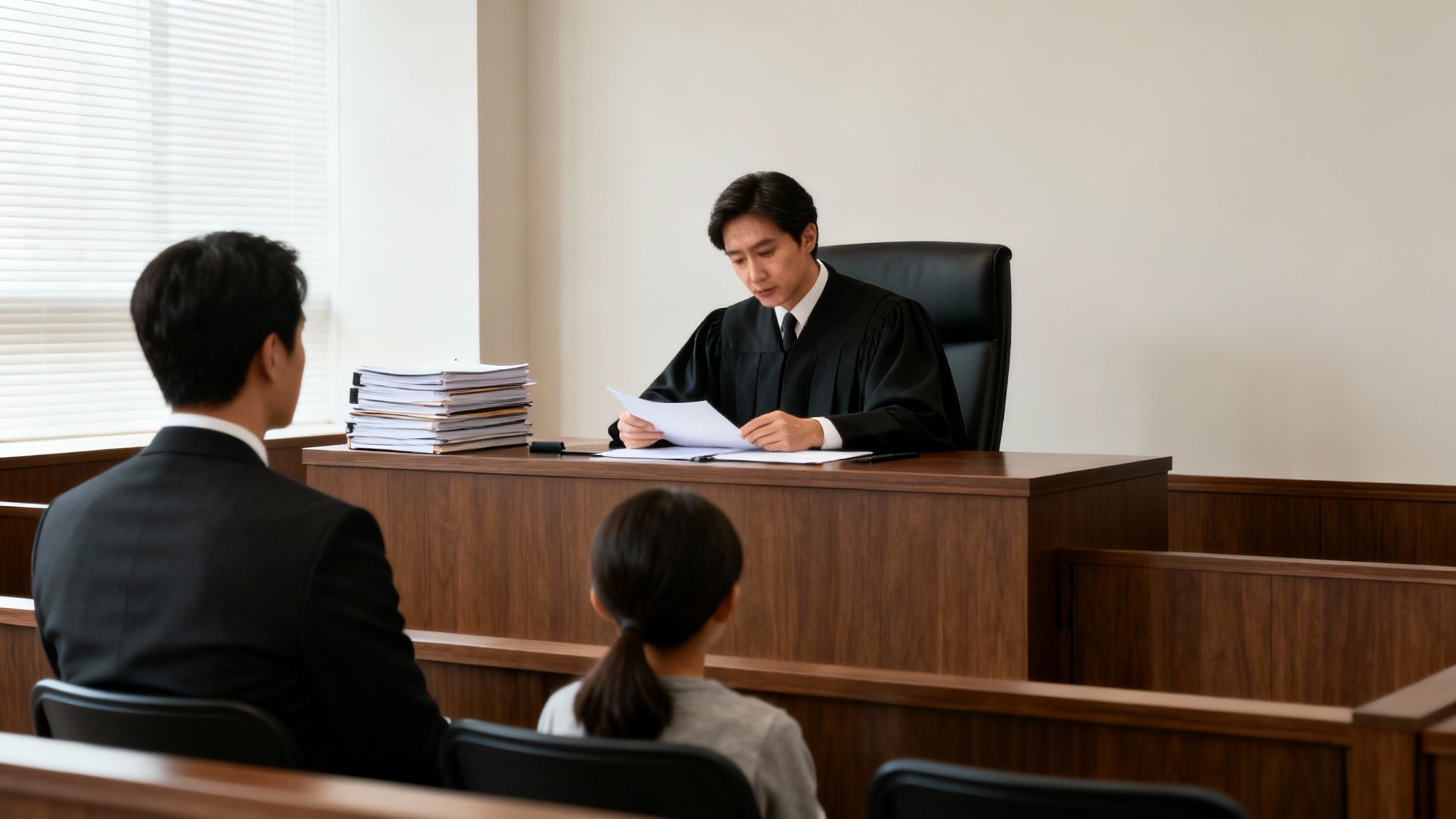 A judge in a black robe reads documents at a wooden bench in a courtroom, with two people observing.