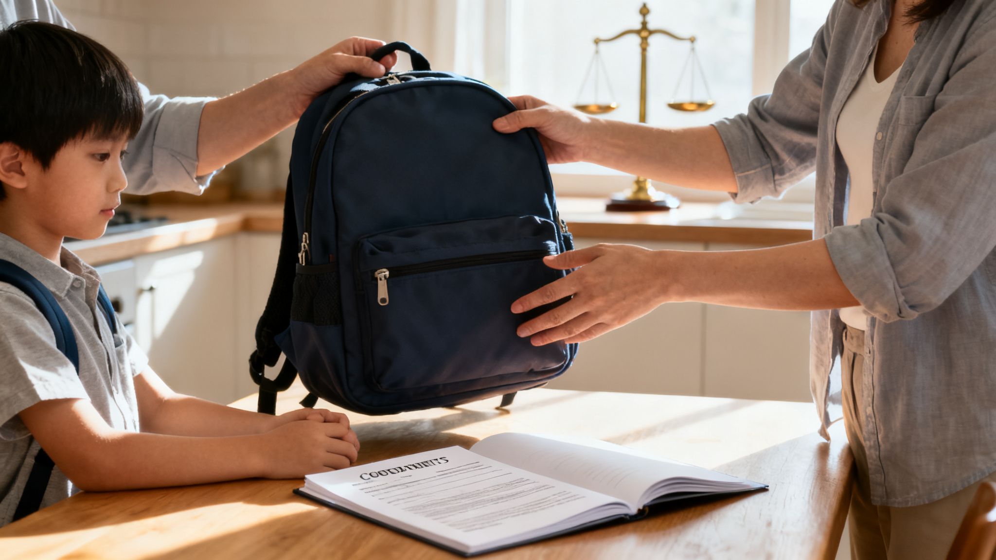 Adults' hands present a backpack to a young boy beside legal documents and a scale of justice.