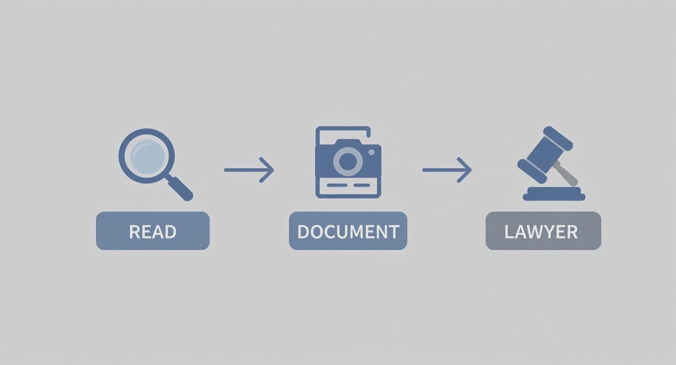 Infographic illustrating steps after receiving an eviction notice: read, document, and consult a lawyer, emphasizing tenant rights and legal actions in eviction processes.