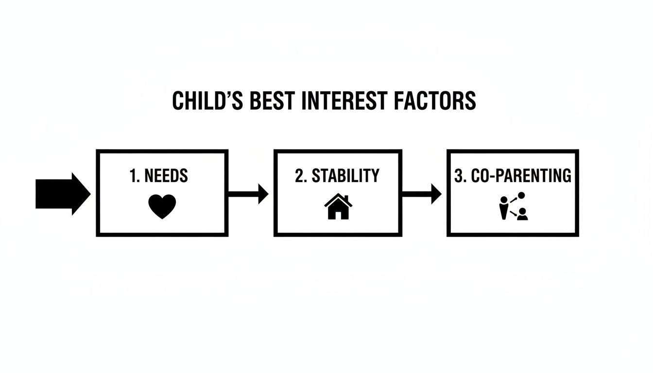 A flowchart showing the three child's best interest factors: needs, stability, and co-parenting.