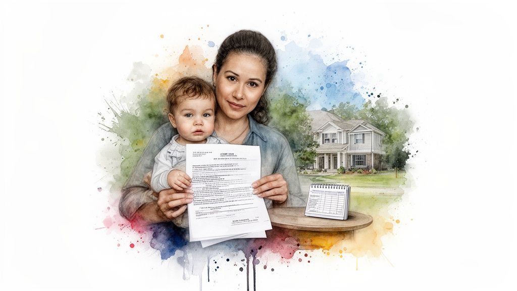 Mother and baby holding documents, a house and calendar in a warm watercolor style.
