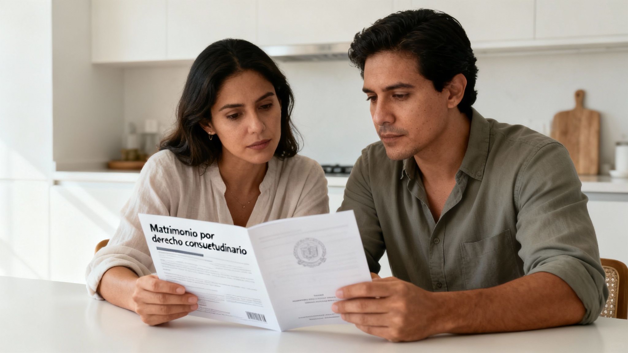 Una pareja feliz sentada junta en un sofá, revisando documentos importantes con una sonrisa, simbolizando la planificación y seguridad que ofrece entender el matrimonio informal en Texas.