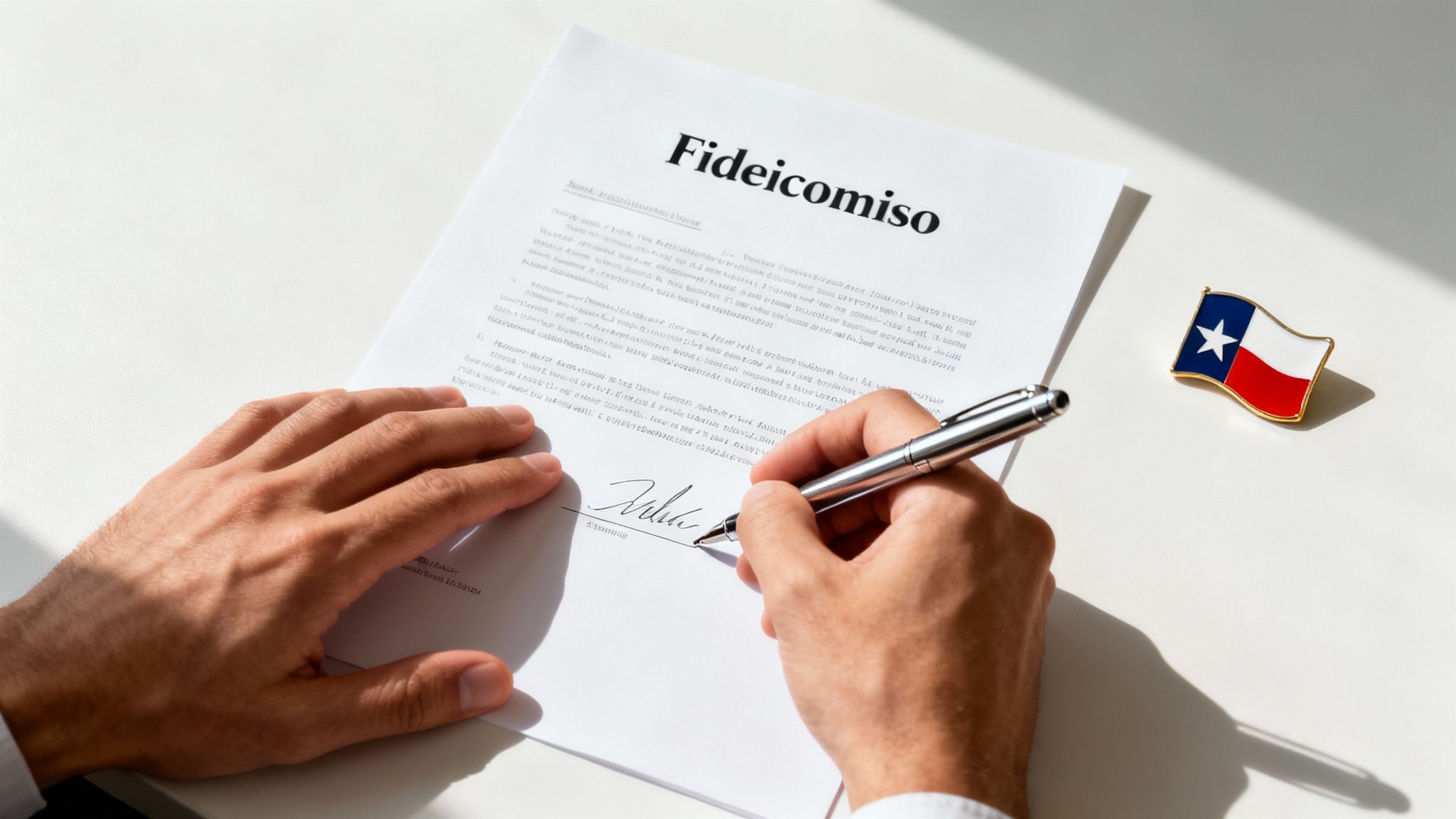 Una persona firmando documentos legales importantes con un bolígrafo, simbolizando la creación de un fideicomiso.