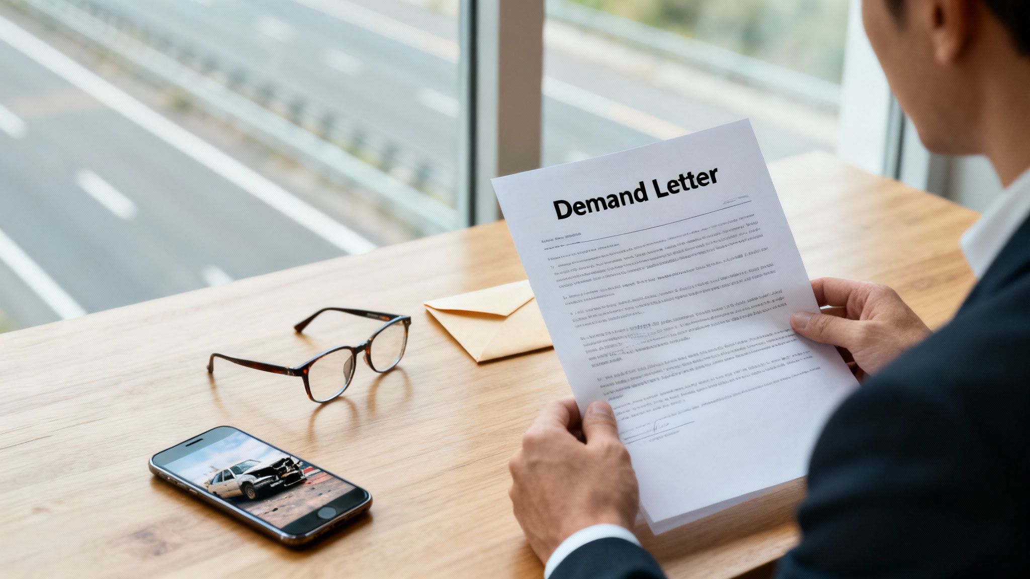A person reads a demand letter, with a phone displaying a car crash, glasses, and an envelope on a desk.