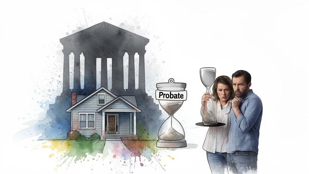 Illustration depicting a house, a courthouse, and a worried couple holding an hourglass labeled "Probate," symbolizing the complexities and delays of the probate process in estate planning.