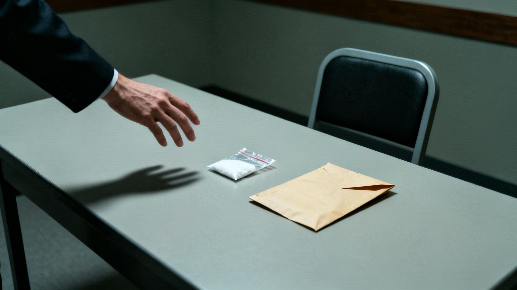 Hand reaching towards a bag of white powder on a table, with an envelope nearby, symbolizing drug dealing and government involvement in entrapment cases.