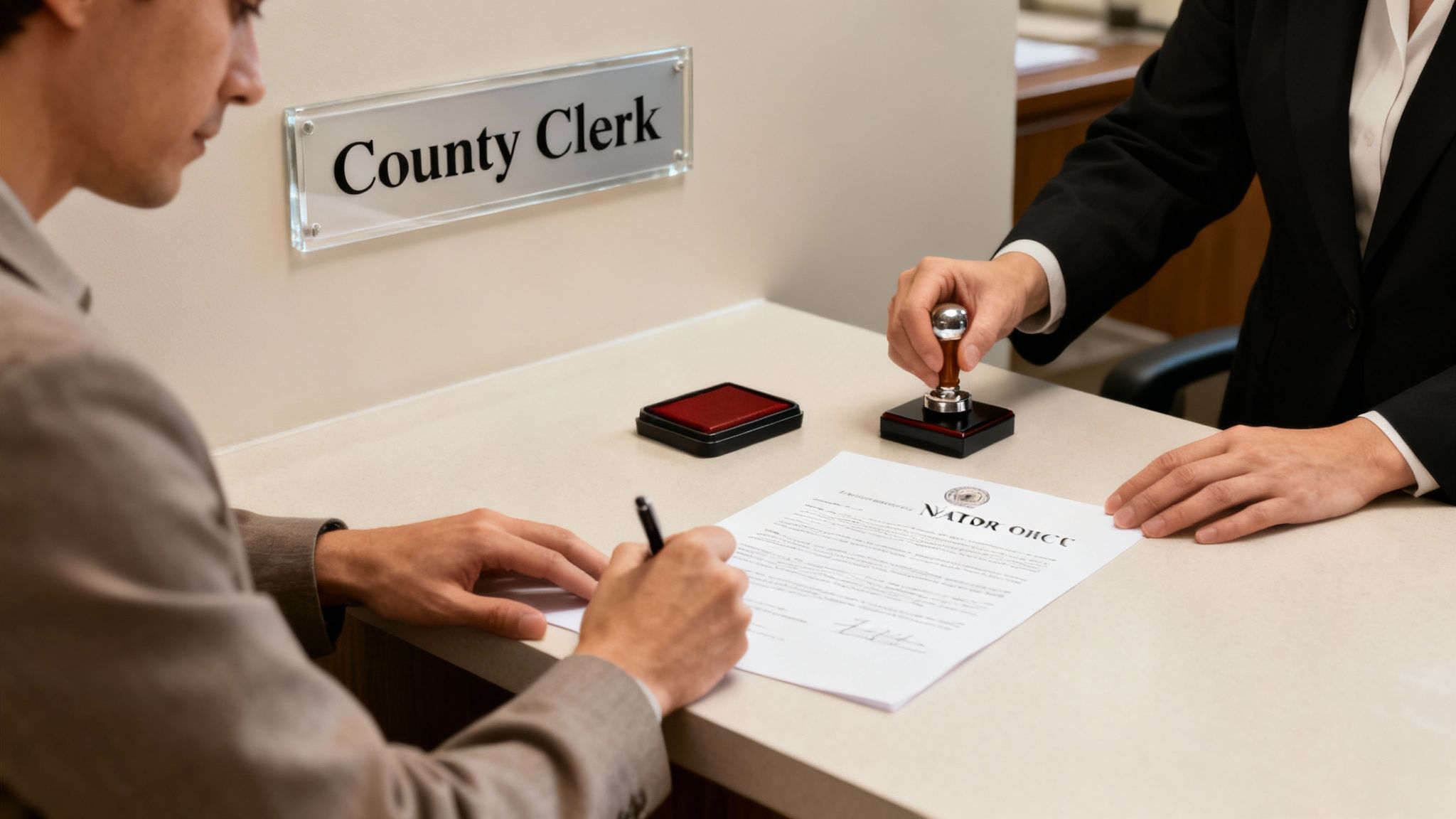 A man signs a document at a County Clerk's desk while a clerk prepares to stamp it.