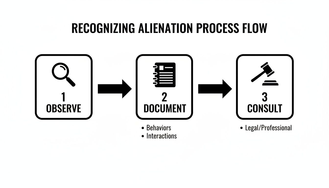 Process flow diagram showing steps to recognize alienation: observe, document behaviors, and consult professionals.