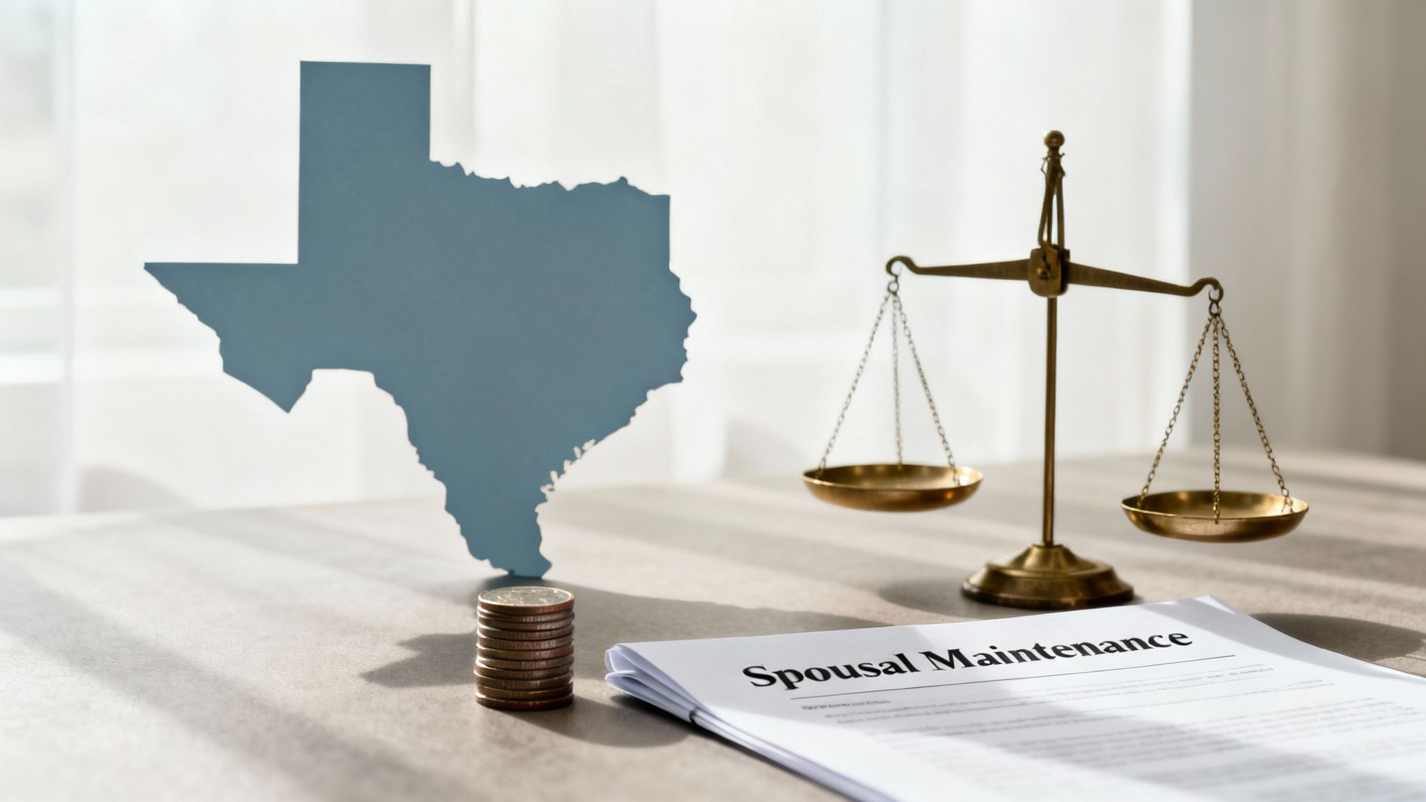 A Texas map cutout, coins, a 'Spousal Maintenance' document, and scales of justice on a desk.