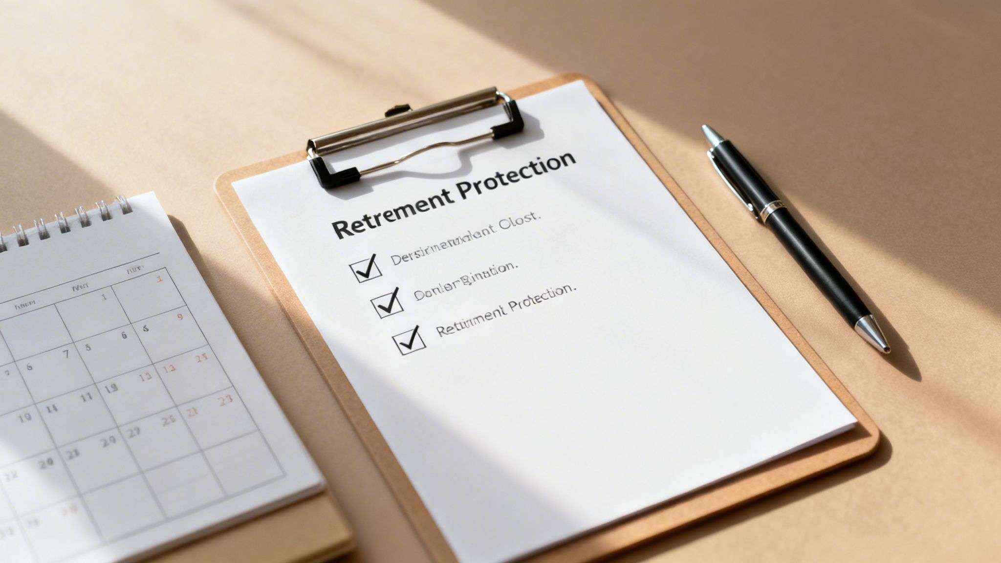 A clipboard displays a 'Retirement Protection' checklist next to a calendar and pen on a desk.