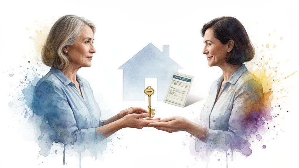 Two women exchanging a key symbolizing Durable Power of Attorney, with a house outline and financial documents in the background, representing legal and financial management for families in Humble, Texas.