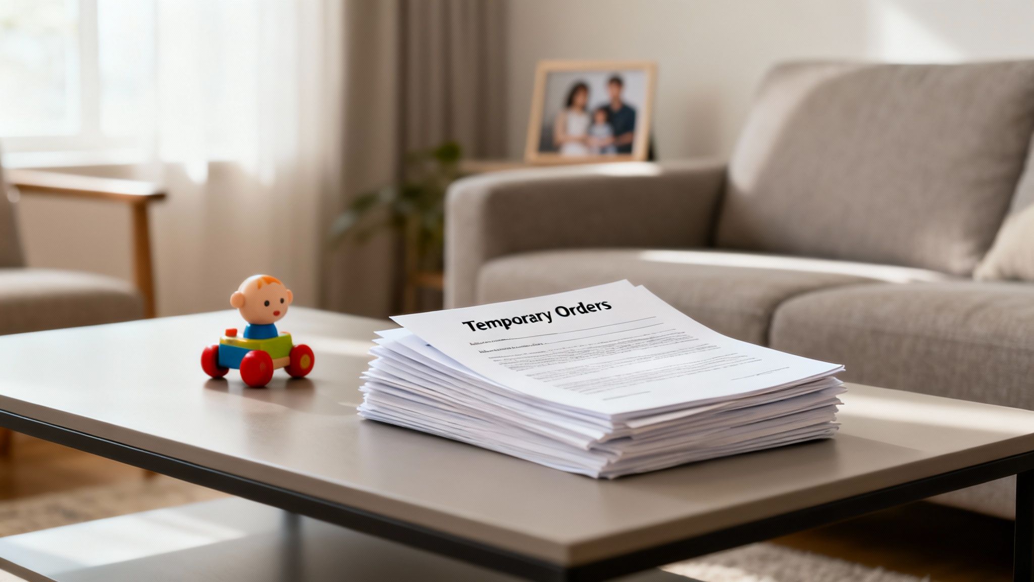 Stack of legal documents titled "Temporary Orders" on a coffee table, with a toy figure in a car nearby, in a cozy living room setting, highlighting the importance of legal proceedings in divorce cases.