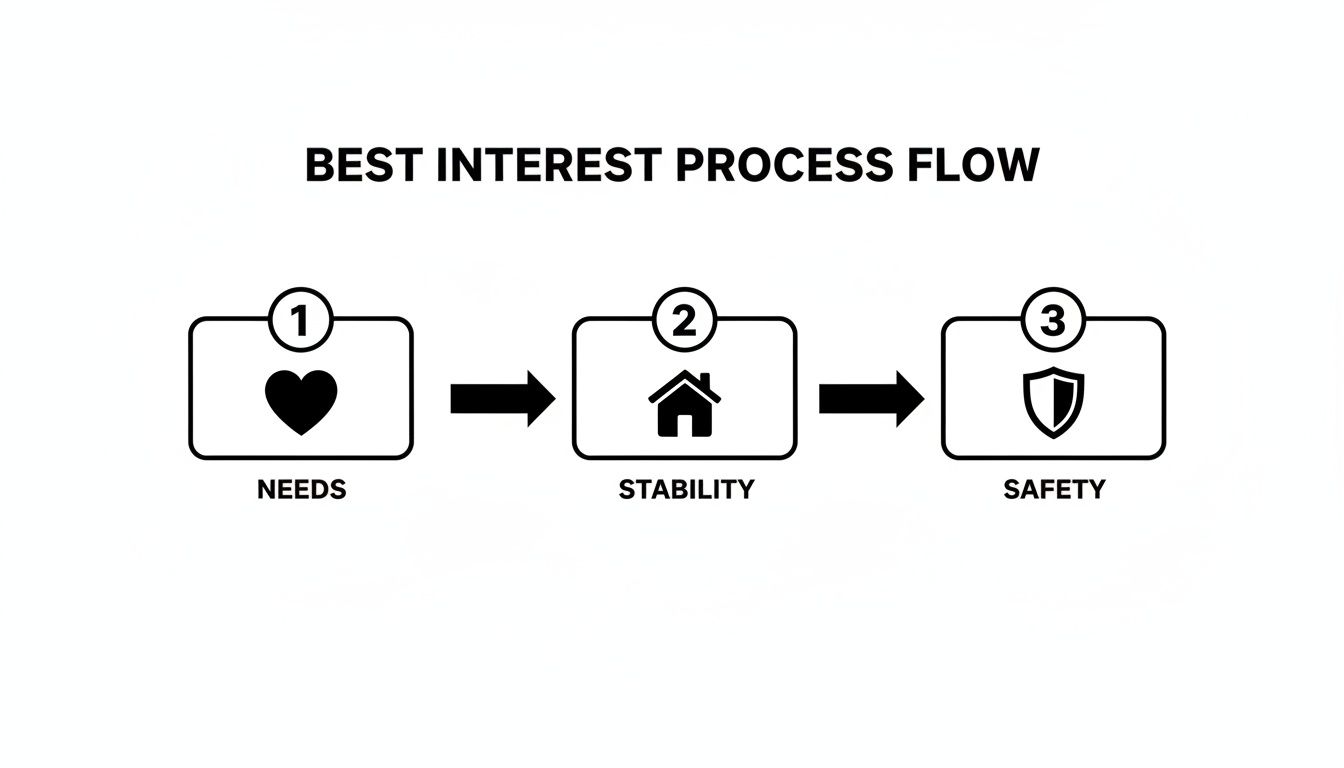 A diagram illustrating the best interest process flow with three steps: Needs, Stability, and Safety.