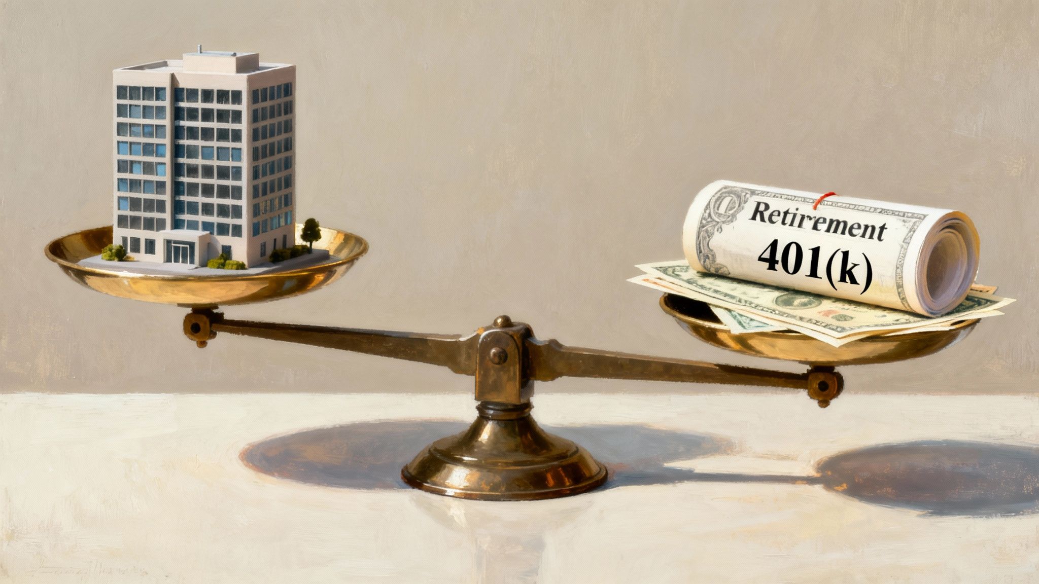 Scale balancing a miniature building and a rolled 401(k) retirement plan, symbolizing the complexities of asset division in divorce.
