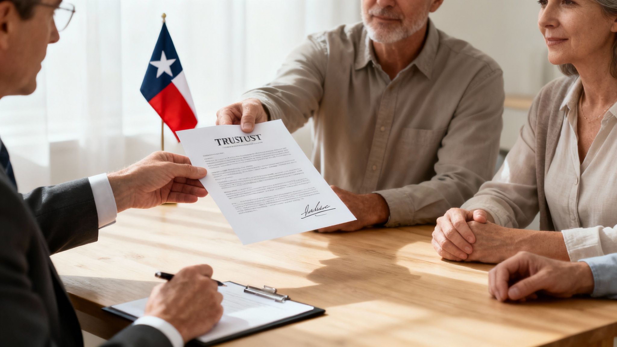 Couple receiving signed trust document from attorney with Texas flag in office
