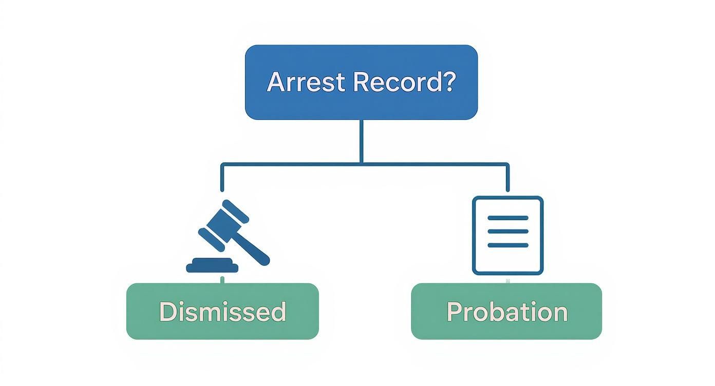 Flowchart illustrating the decision process for arrest record outcomes in Texas, showing paths for Dismissed and Probation cases, relevant to expunction and nondisclosure legal options.