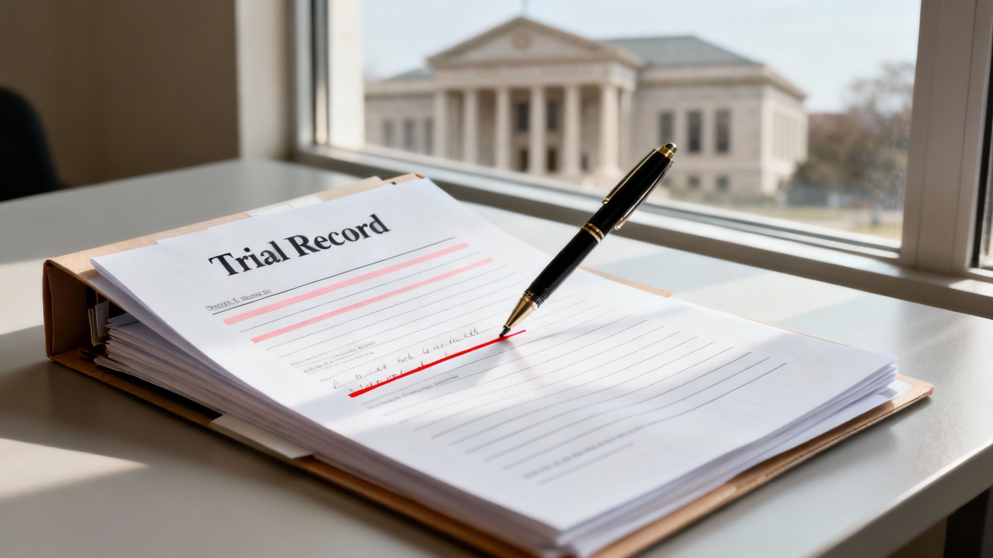 A document labeled 'Trial Record' with a pen resting on it, in front of a courthouse building.
