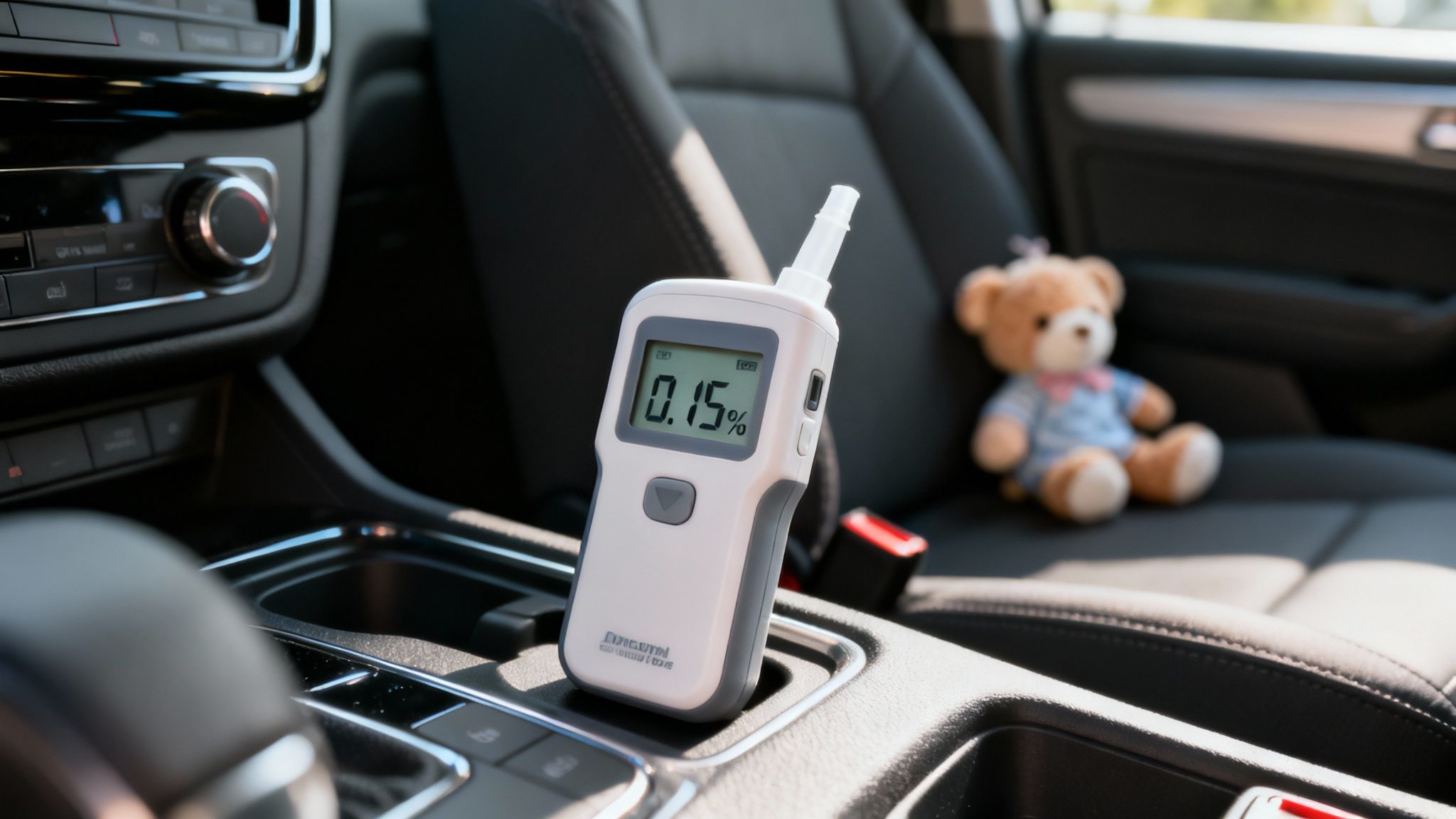 A breathalyzer displaying 0.15% alcohol content, placed in a car's center console with a teddy bear in the passenger seat.