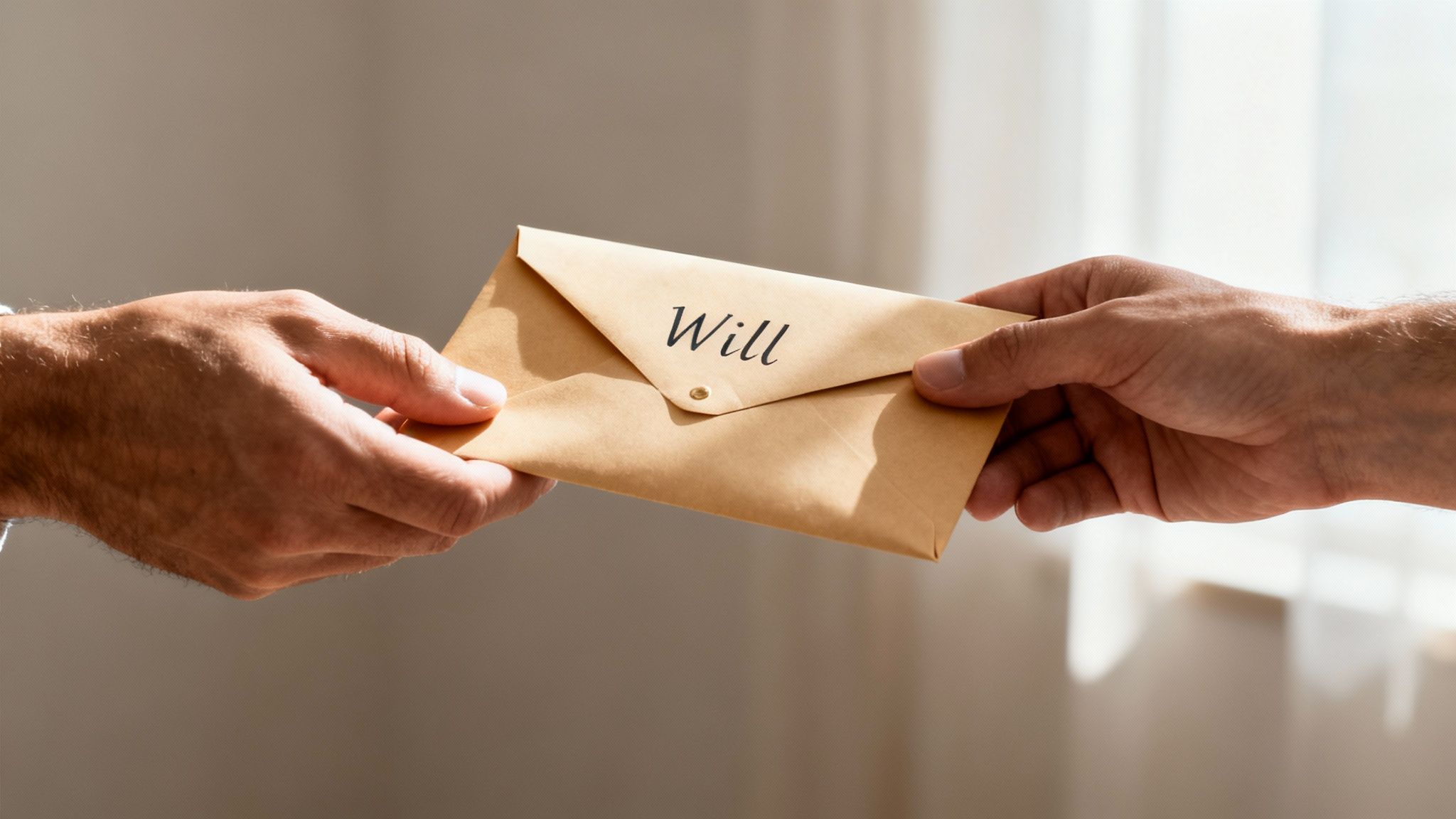 Two hands exchanging a brown envelope with 'Will' written on it, against a blurred background.